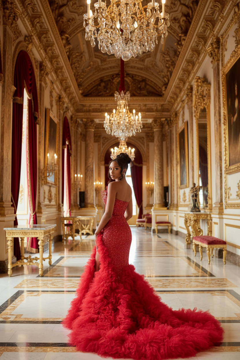 👑 QUEEN ROUGE ABSOLU — ROBE SIRÈNE BRODÉE & PERLÉE FENTE HAUTE COUTURE