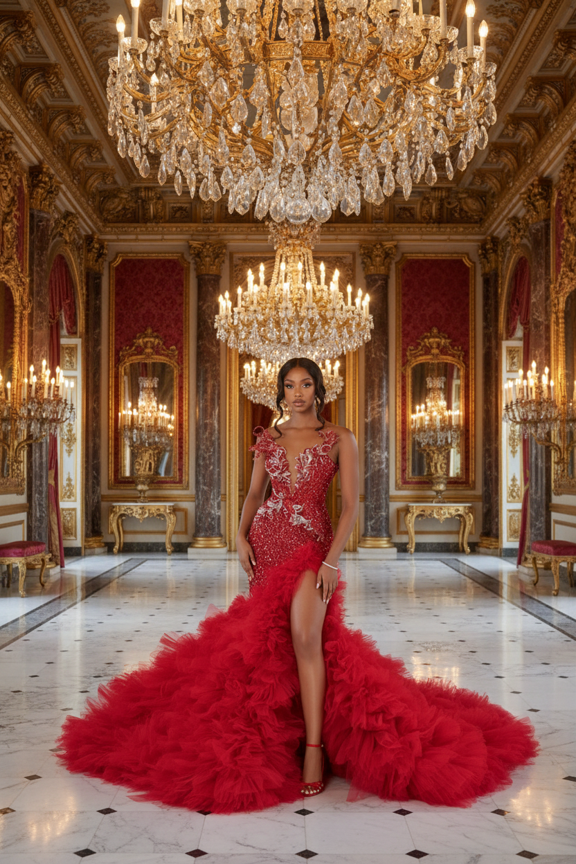 👑 QUEEN ROUGE ABSOLU — ROBE SIRÈNE BRODÉE & PERLÉE FENTE HAUTE COUTURE