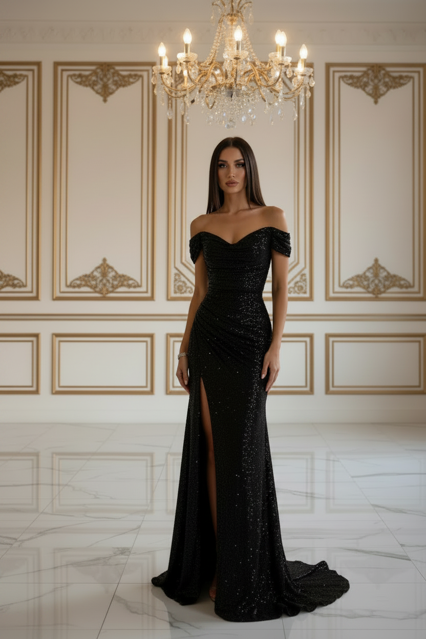 Dames sexy feestmaxi-jurk Nieuwe pailletten off-shoulder jurk met split Casual modieuze galajurken voor dames Robe Femme