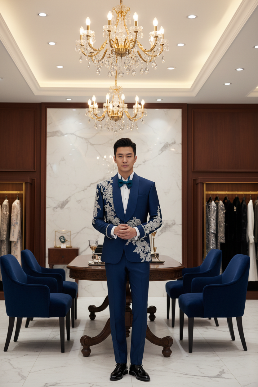 👑 KING CRYSTAL TUXEDO — COSTUME 2 PIÈCES COUTURE CRISTAUX & BRODERIES SUR MESURE