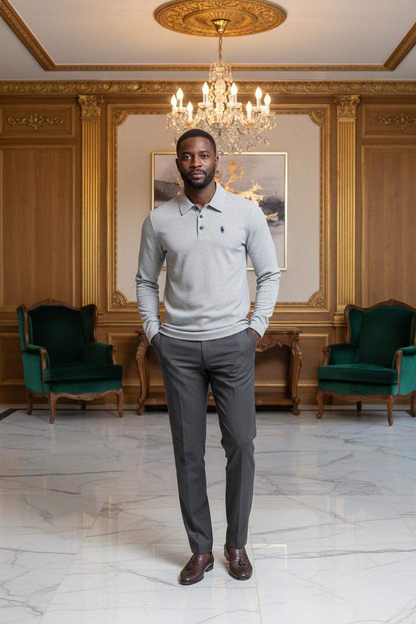 👑 KING POLO BRODÉ — POLO HOMME MANCHES LONGUES COUTURE PREMIUM