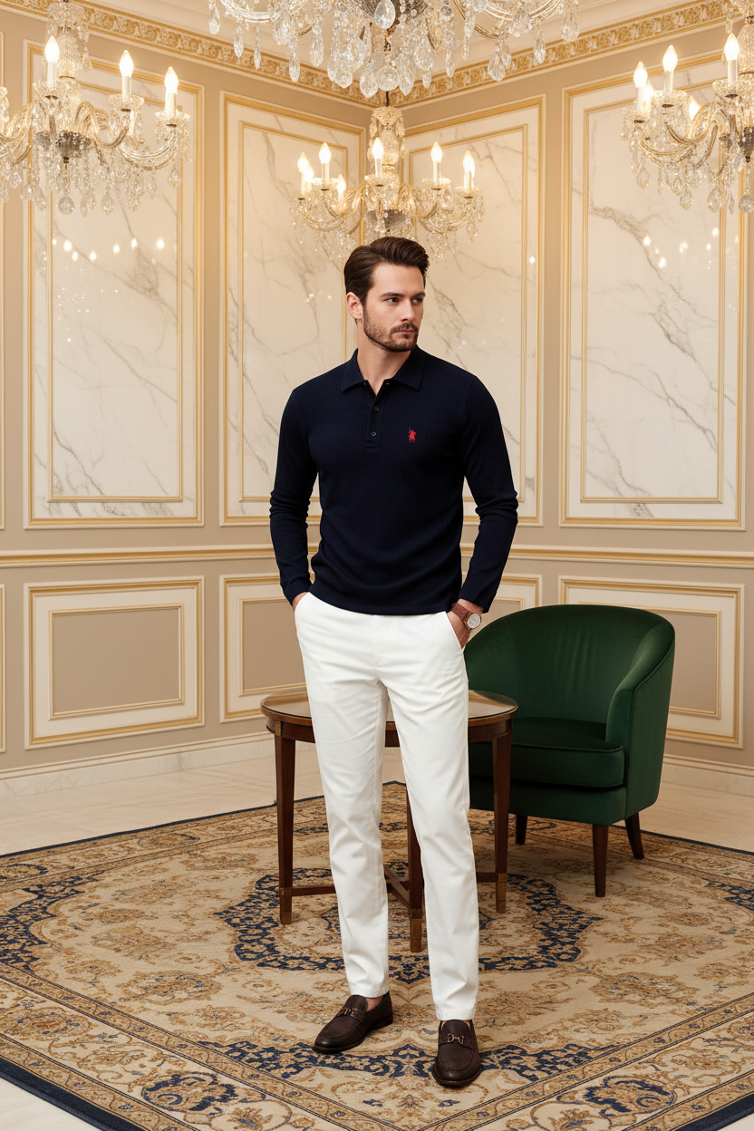 👑 KING POLO BRODÉ — POLO HOMME MANCHES LONGUES COUTURE PREMIUM