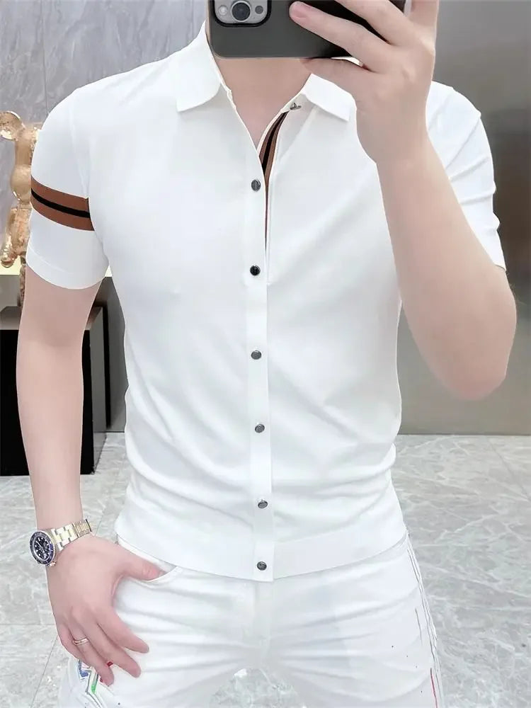 Licht Luxueus Heren T-shirt met Korte Mouwen, Slim Fit, Trendy Modieus, Persoonlijk, Hoge Kwaliteit, Casual Zakelijk Hemd