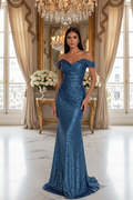 Dames sexy feestmaxi-jurk Nieuwe pailletten off-shoulder jurk met split Casual modieuze galajurken voor dames Robe Femme