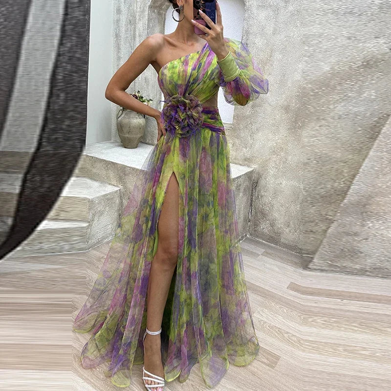 Sexy contrasterende kleur bloemenprint feestjurk damesmode one-shoulder mouw lange jurken voor dames avondjurk