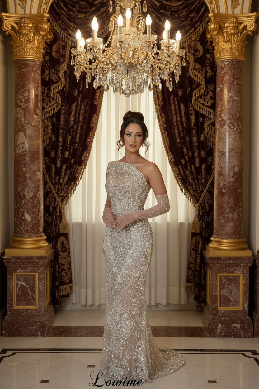 👑 QUEEN ELEGANCE — ROBE SIRÈNE PERLÉE HAUTE COUTURE À TRAÎNE BALAYAGE