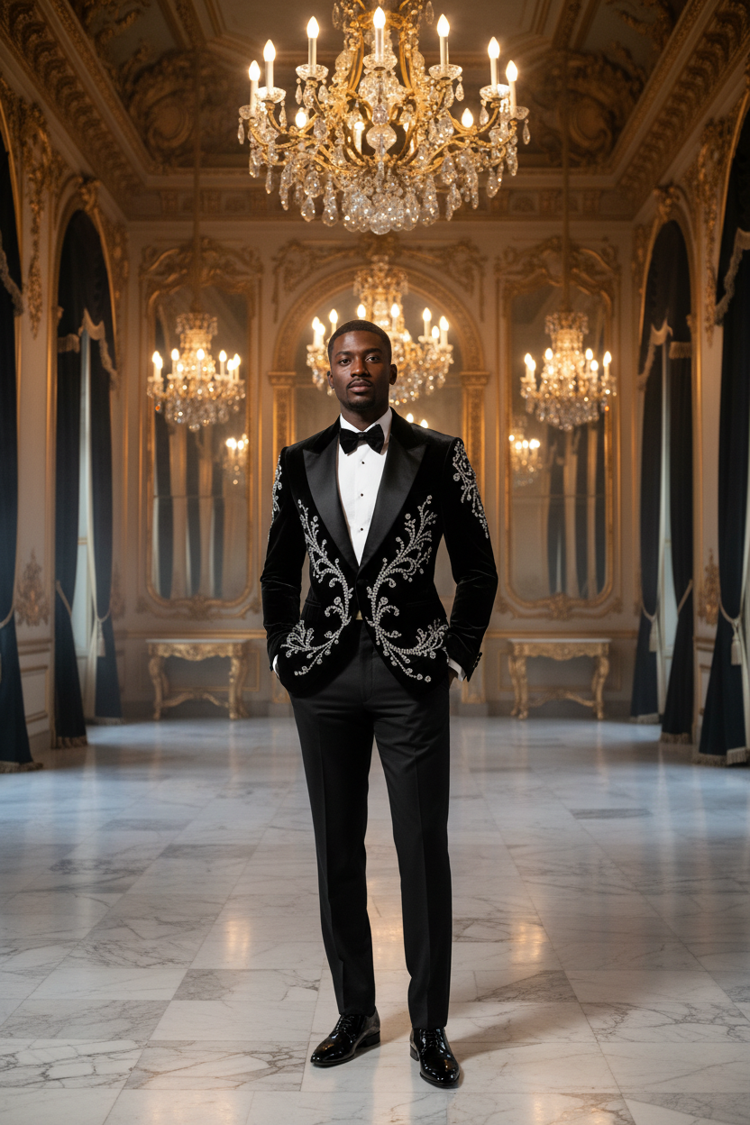 👑 KING TUXEDO VELOURS STRASS — SUR MESURE 2 PIÈCES RUNWAY EDITION