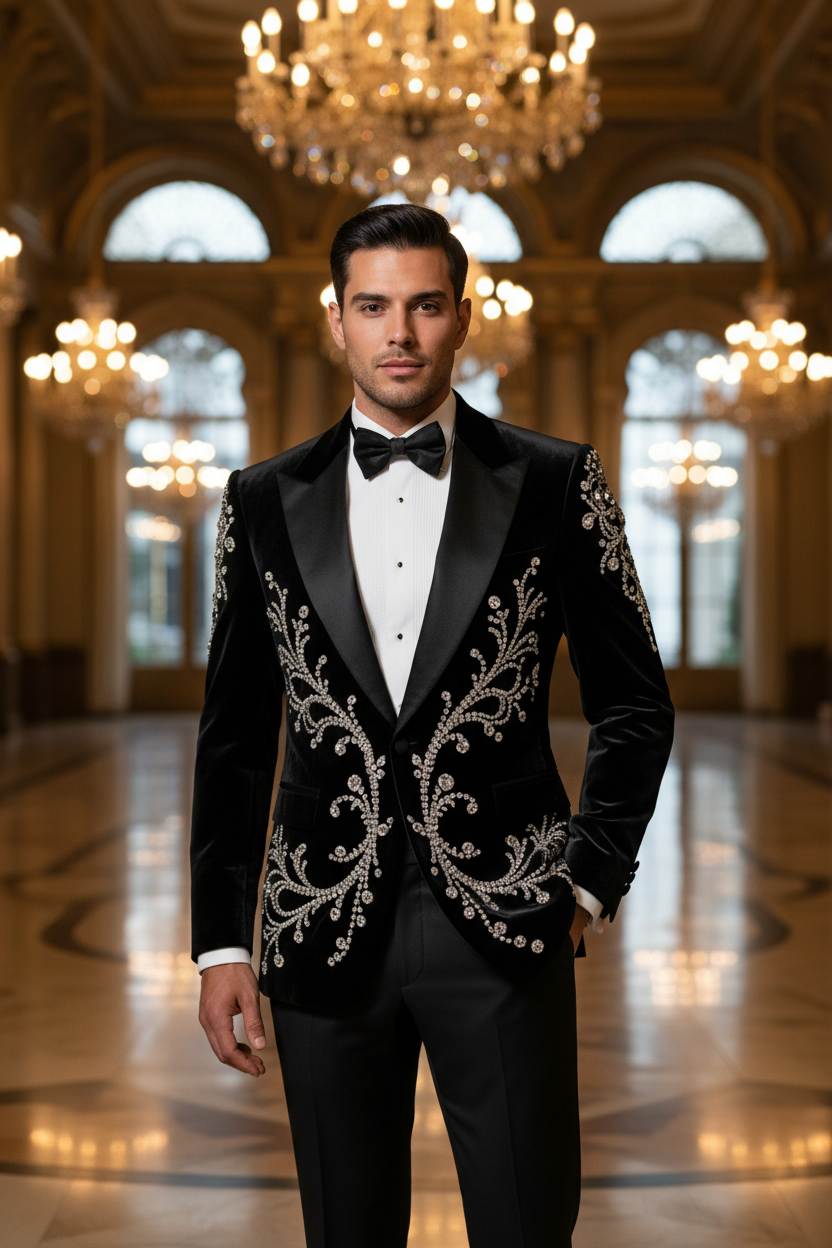 👑 KING TUXEDO VELOURS STRASS — SUR MESURE 2 PIÈCES RUNWAY EDITION