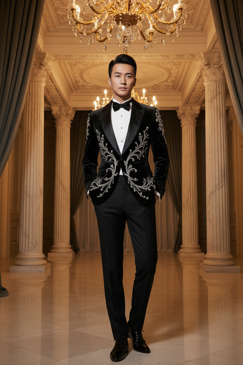 👑 KING TUXEDO VELOURS STRASS — SUR MESURE 2 PIÈCES RUNWAY EDITION