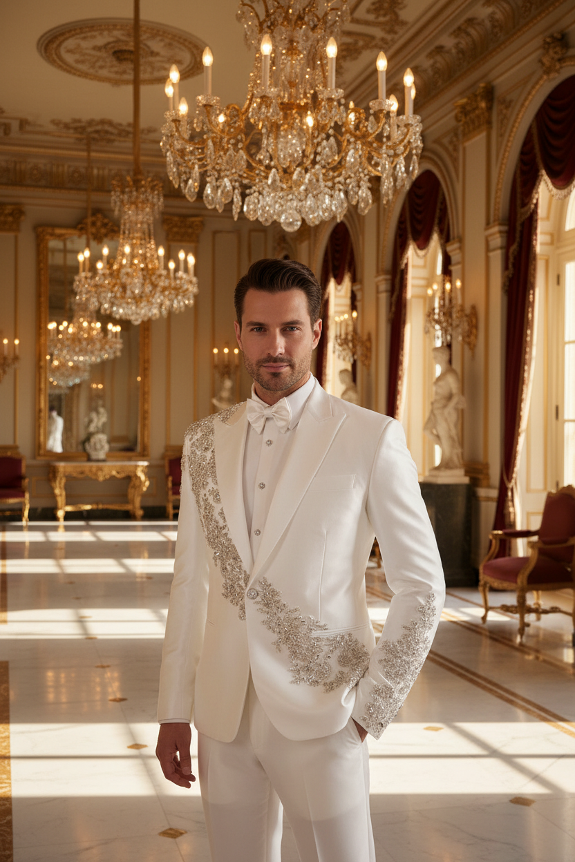 👑 KING CRYSTAL SUIT — COSTUME 2 PIÈCES COUTURE CRISTAUX & BRODERIES MARIAGE