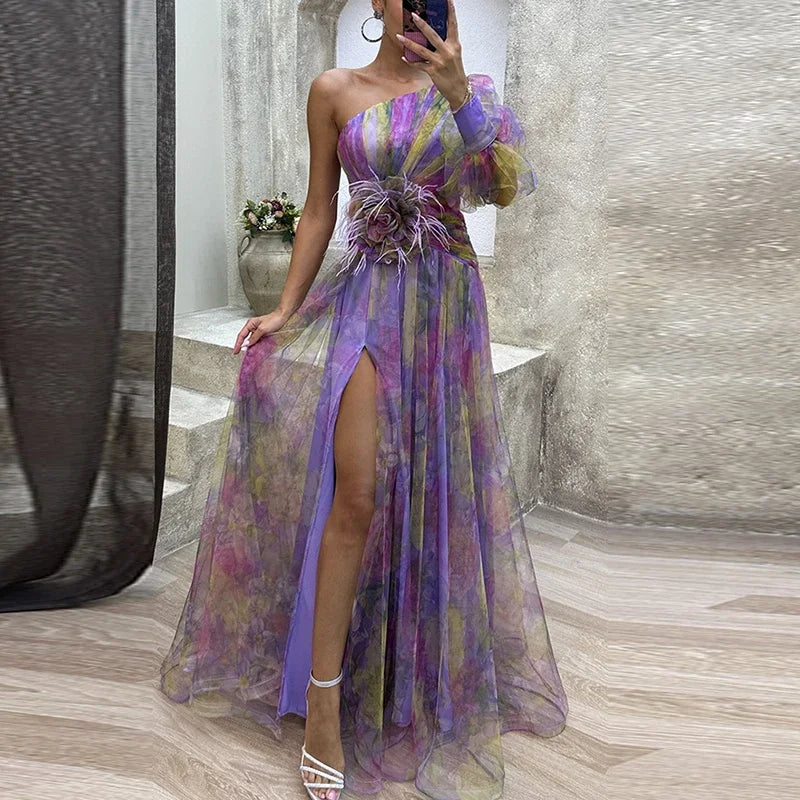 Sexy contrasterende kleur bloemenprint feestjurk damesmode one-shoulder mouw lange jurken voor dames avondjurk