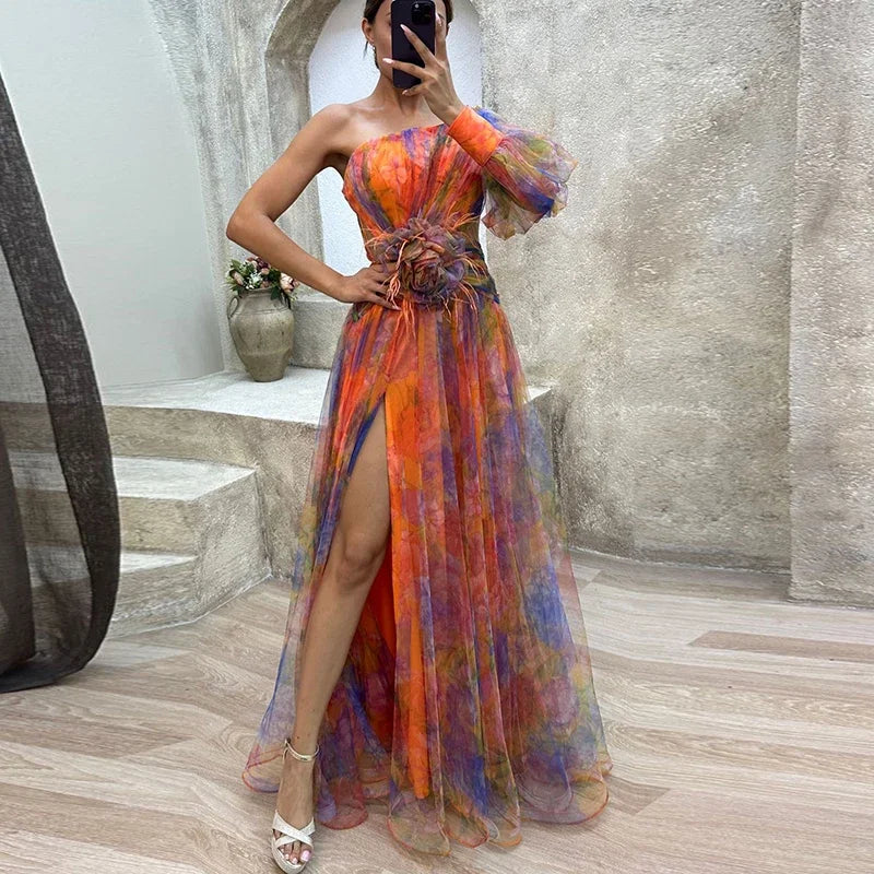 Sexy contrasterende kleur bloemenprint feestjurk damesmode one-shoulder mouw lange jurken voor dames avondjurk