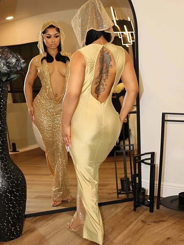 👑 QUEEN SEQUIN DRESS — ROBE LONGUE SEQUINS COL V PROFOND