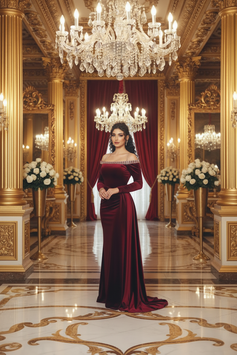 👑 QUEEN BORDEAUX ROYALE GOWN — ROBE LONGUE VELOURS ÉPAULE DÉNUDÉE FENTE LATÉRALE