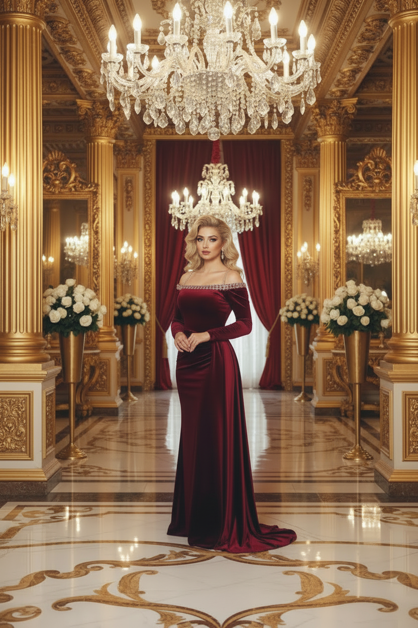 👑 QUEEN BORDEAUX ROYALE GOWN — ROBE LONGUE VELOURS ÉPAULE DÉNUDÉE FENTE LATÉRALE