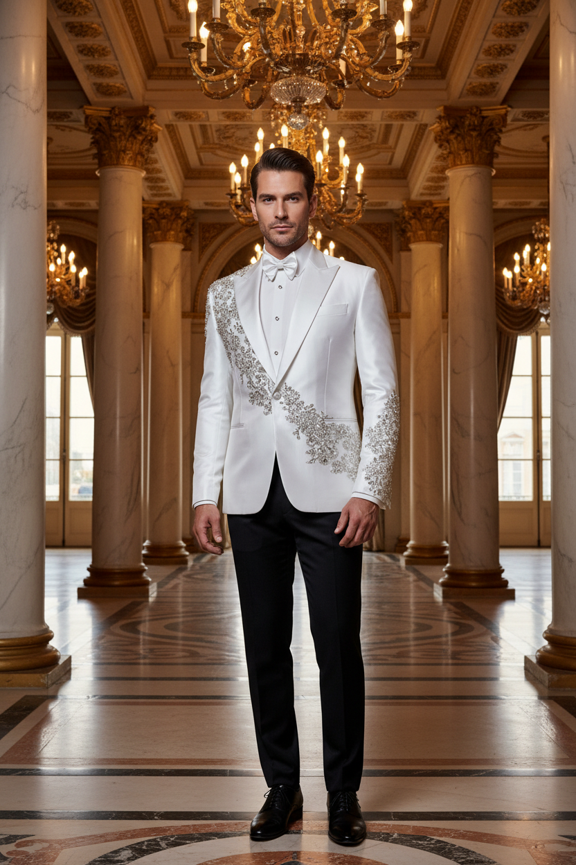 👑 KING CRYSTAL SUIT — COSTUME 2 PIÈCES COUTURE CRISTAUX & BRODERIES MARIAGE