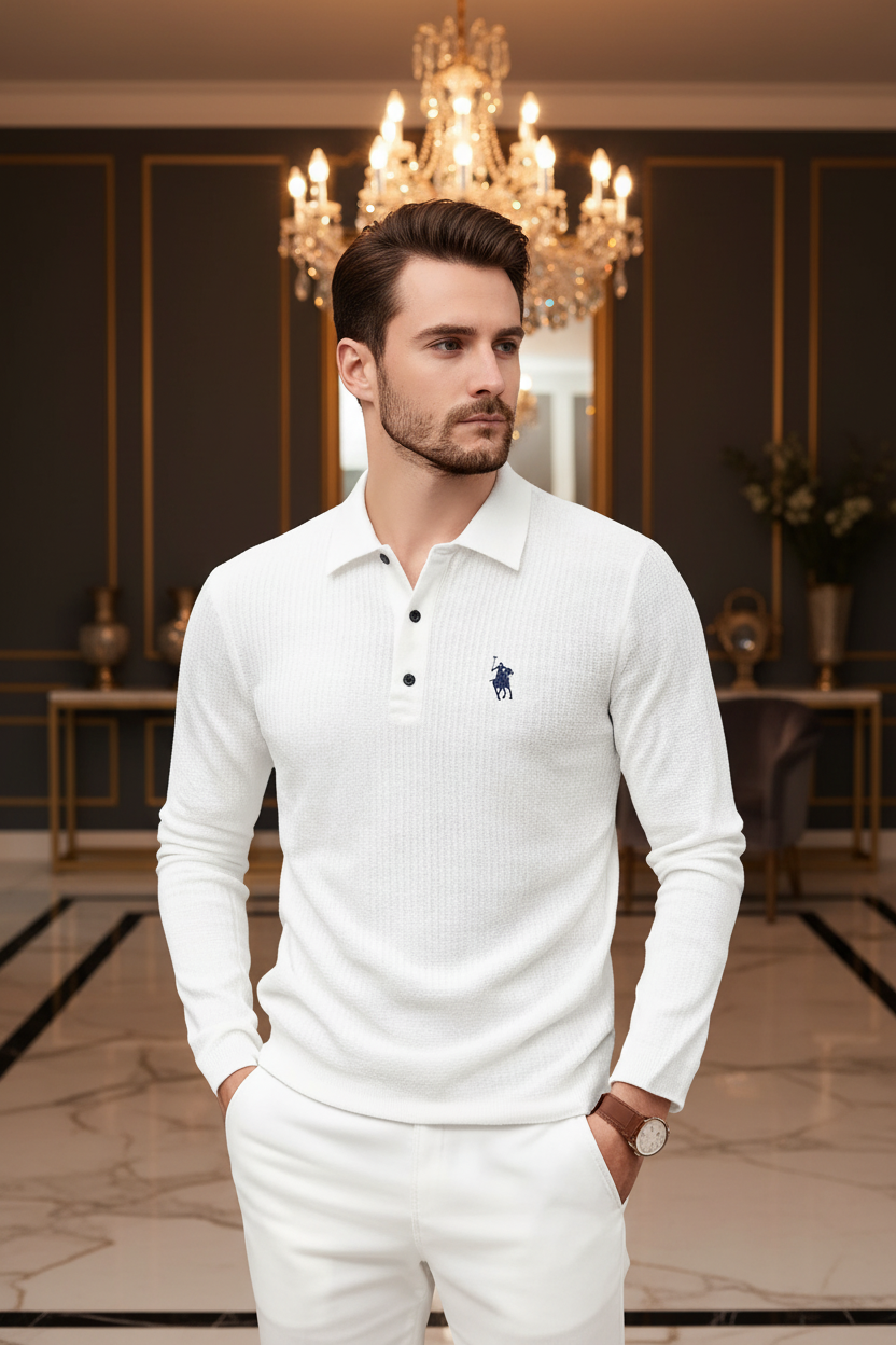 👑 KING POLO BRODÉ — POLO HOMME MANCHES LONGUES COUTURE PREMIUM