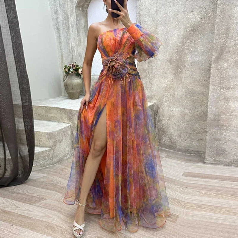 Sexy contrasterende kleur bloemenprint feestjurk damesmode one-shoulder mouw lange jurken voor dames avondjurk