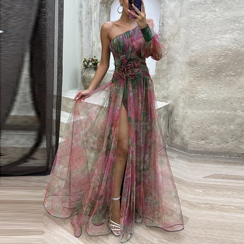 Sexy contrasterende kleur bloemenprint feestjurk damesmode one-shoulder mouw lange jurken voor dames avondjurk