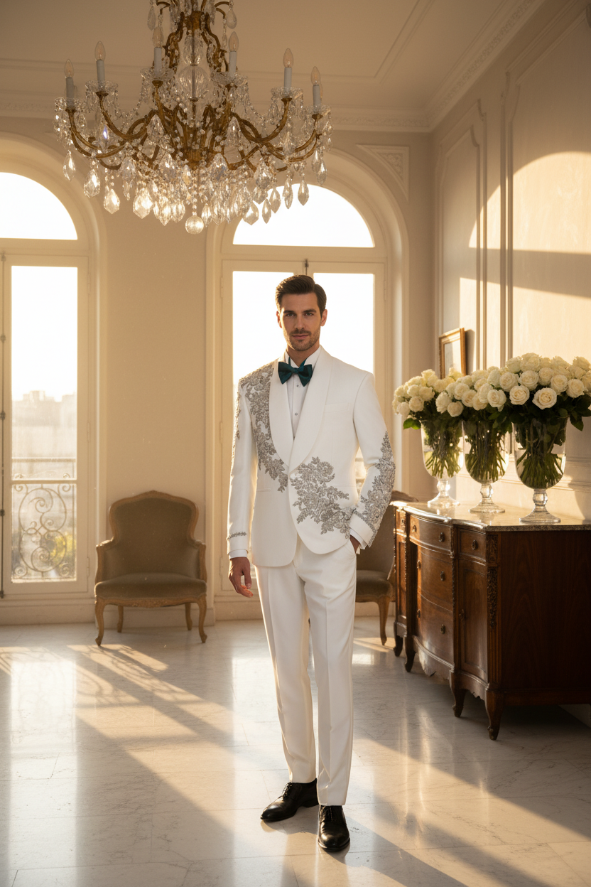 👑 KING CRYSTAL TUXEDO — COSTUME 2 PIÈCES COUTURE CRISTAUX & BRODERIES SUR MESURE