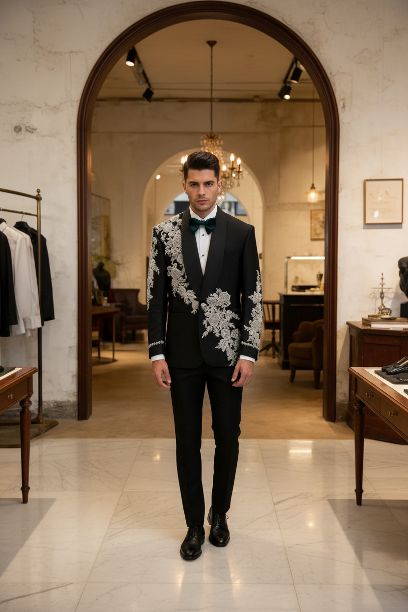 👑 KING CRYSTAL TUXEDO — COSTUME 2 PIÈCES COUTURE CRISTAUX & BRODERIES SUR MESURE