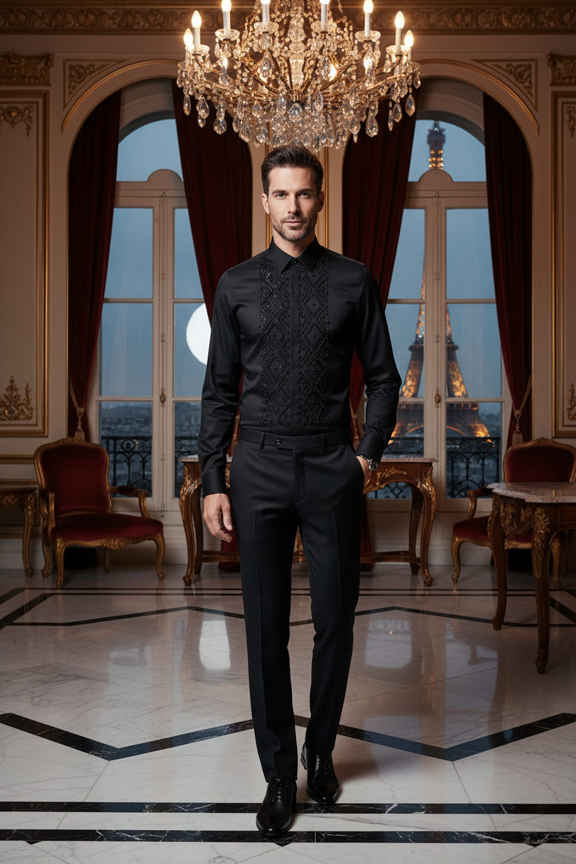 👑 KING BEADED SHIRT — CHEMISE HOMME PERLES FAITES MAIN MANCHES LONGUES