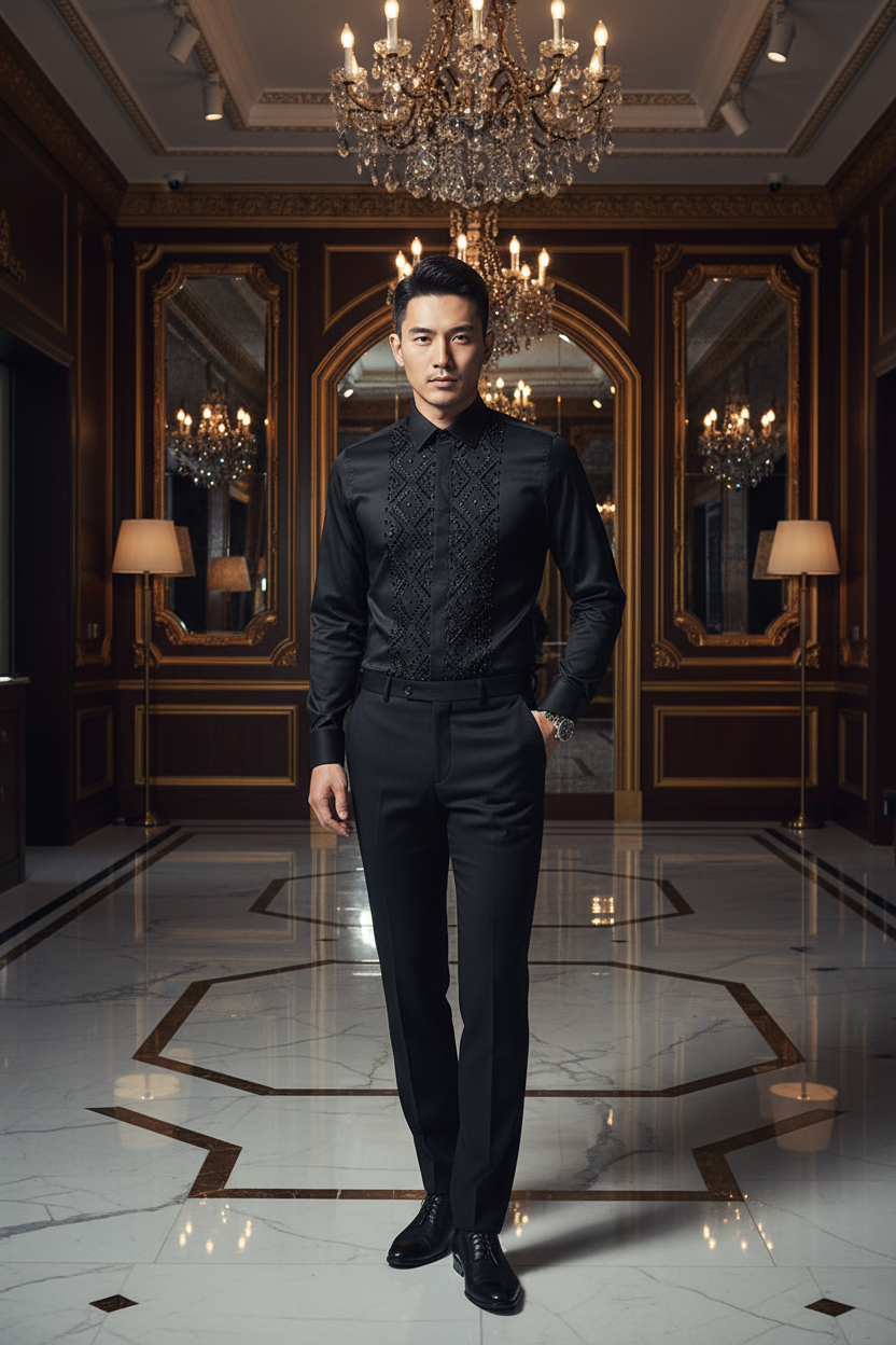 👑 KING BEADED SHIRT — CHEMISE HOMME PERLES FAITES MAIN MANCHES LONGUES