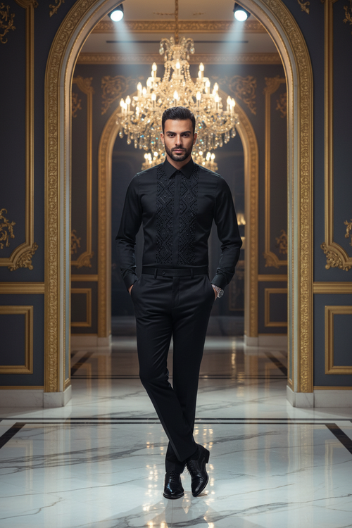 👑 KING BEADED SHIRT — CHEMISE HOMME PERLES FAITES MAIN MANCHES LONGUES