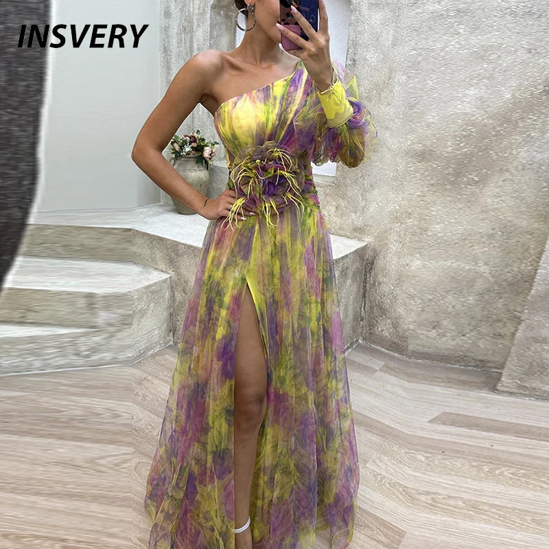 Sexy contrasterende kleur bloemenprint feestjurk damesmode one-shoulder mouw lange jurken voor dames avondjurk