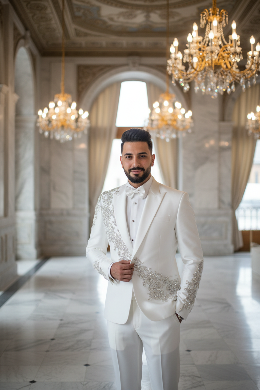 👑 KING CRYSTAL SUIT — COSTUME 2 PIÈCES COUTURE CRISTAUX & BRODERIES MARIAGE