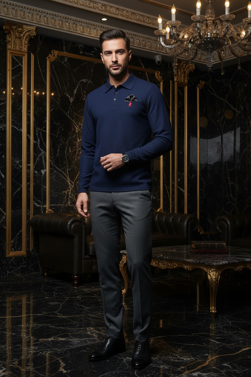👑 KING POLO BRODÉ — POLO HOMME MANCHES LONGUES COUTURE PREMIUM