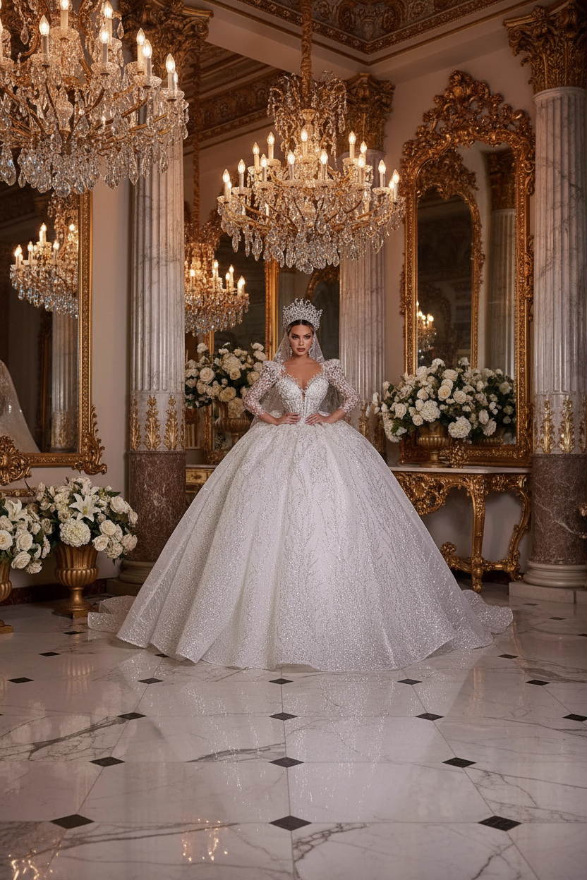 👑 QUEEN BRIDAL GOWN — ROBE DE MARIÉE DENTELLE APPLIQUÉE COL SWEETHEART MANCHES LONGUES A-LINE SUR MESURE