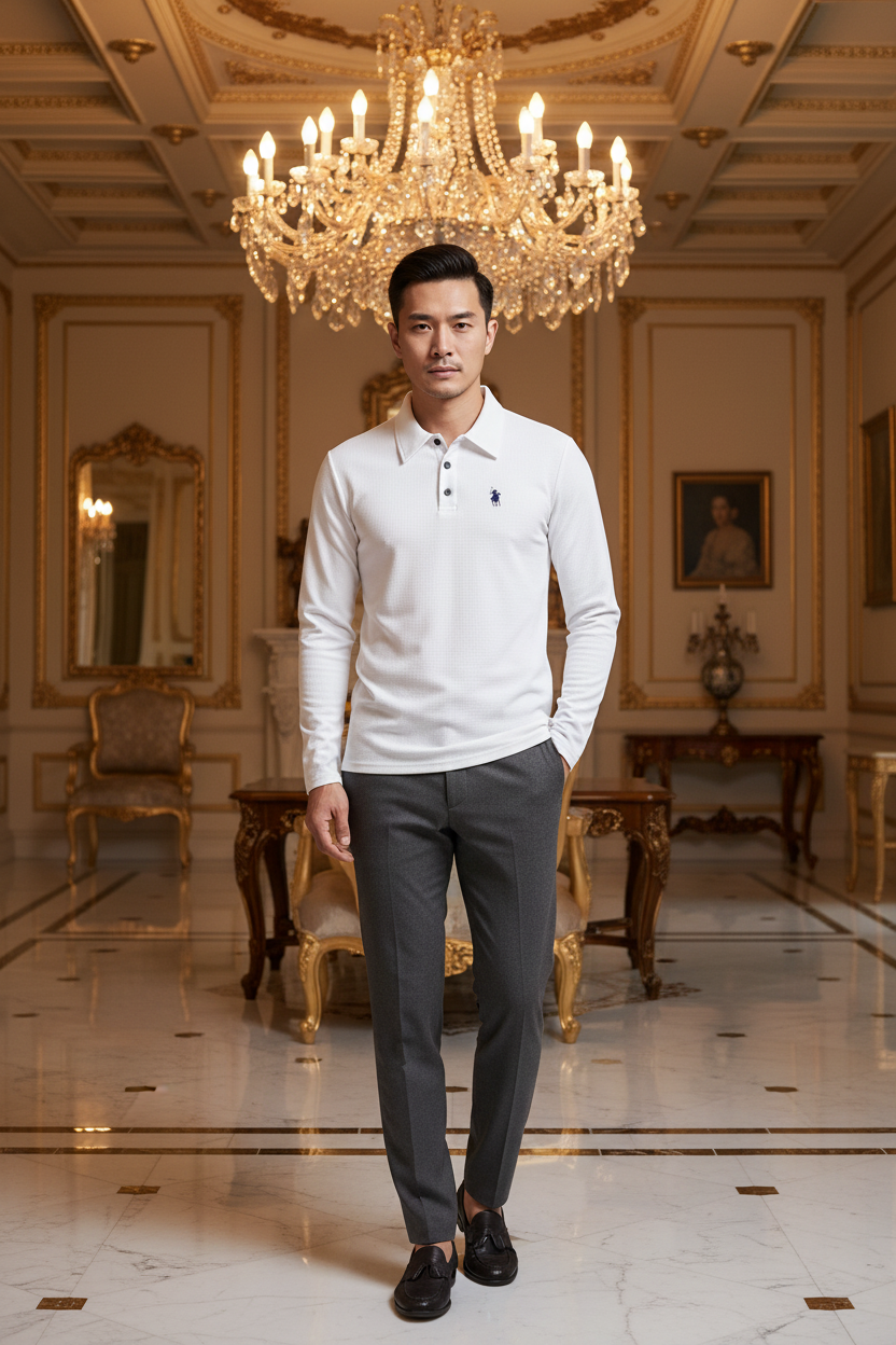 👑 KING POLO BRODÉ — POLO HOMME MANCHES LONGUES COUTURE PREMIUM
