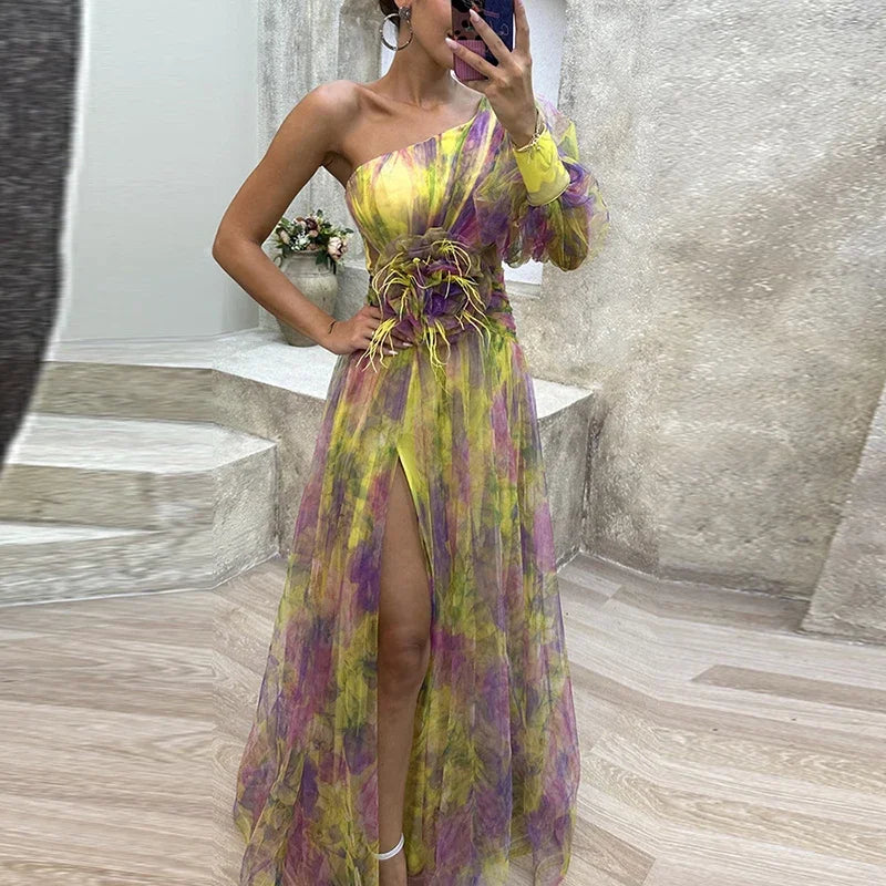 Sexy contrasterende kleur bloemenprint feestjurk damesmode one-shoulder mouw lange jurken voor dames avondjurk