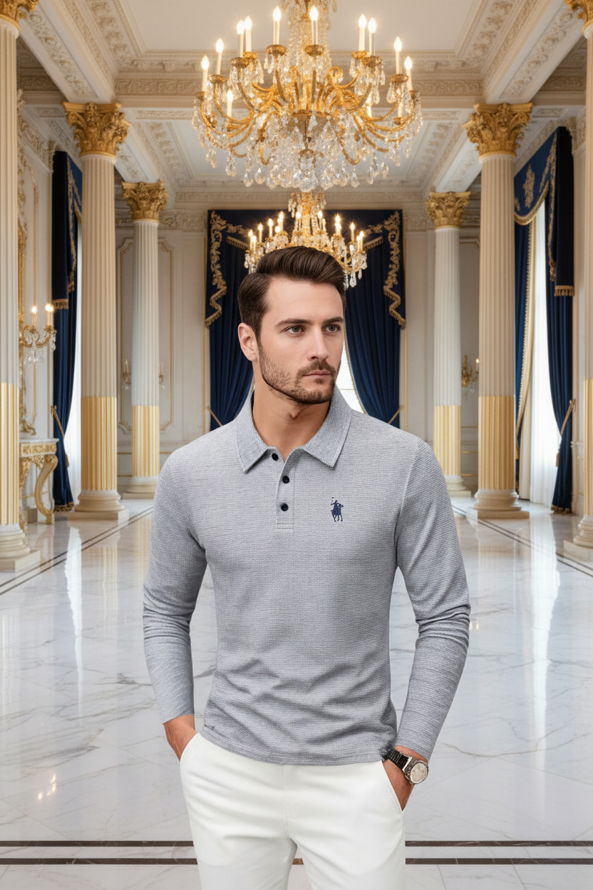 👑 KING POLO BRODÉ — POLO HOMME MANCHES LONGUES COUTURE PREMIUM
