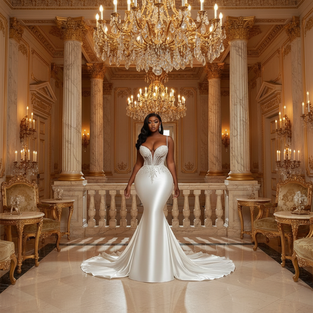👑 QUEEN SATIN SPAGHETTI — ROBE MARIÉE SIRÈNE SATIN PERLÉE DENTELLE AFRICAINE
