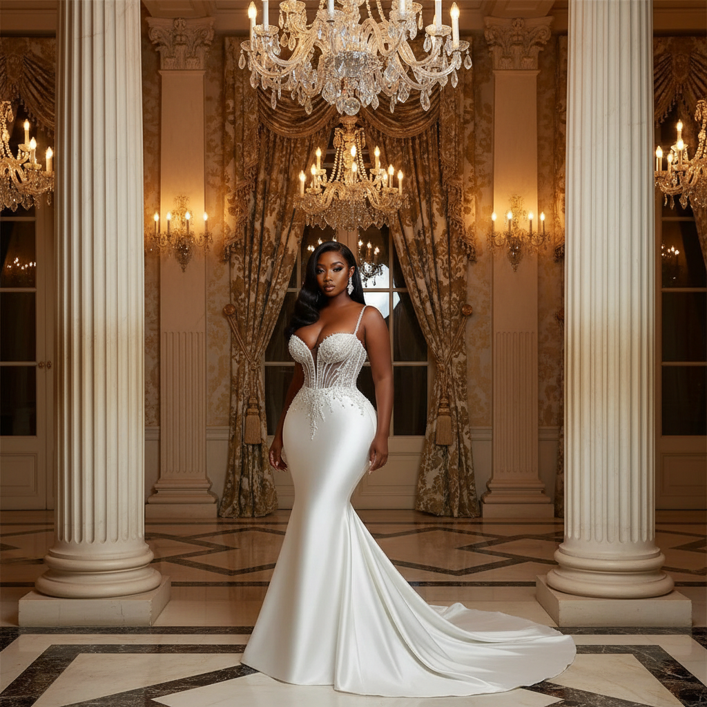 👑 QUEEN SATIN SPAGHETTI — ROBE MARIÉE SIRÈNE SATIN PERLÉE DENTELLE AFRICAINE