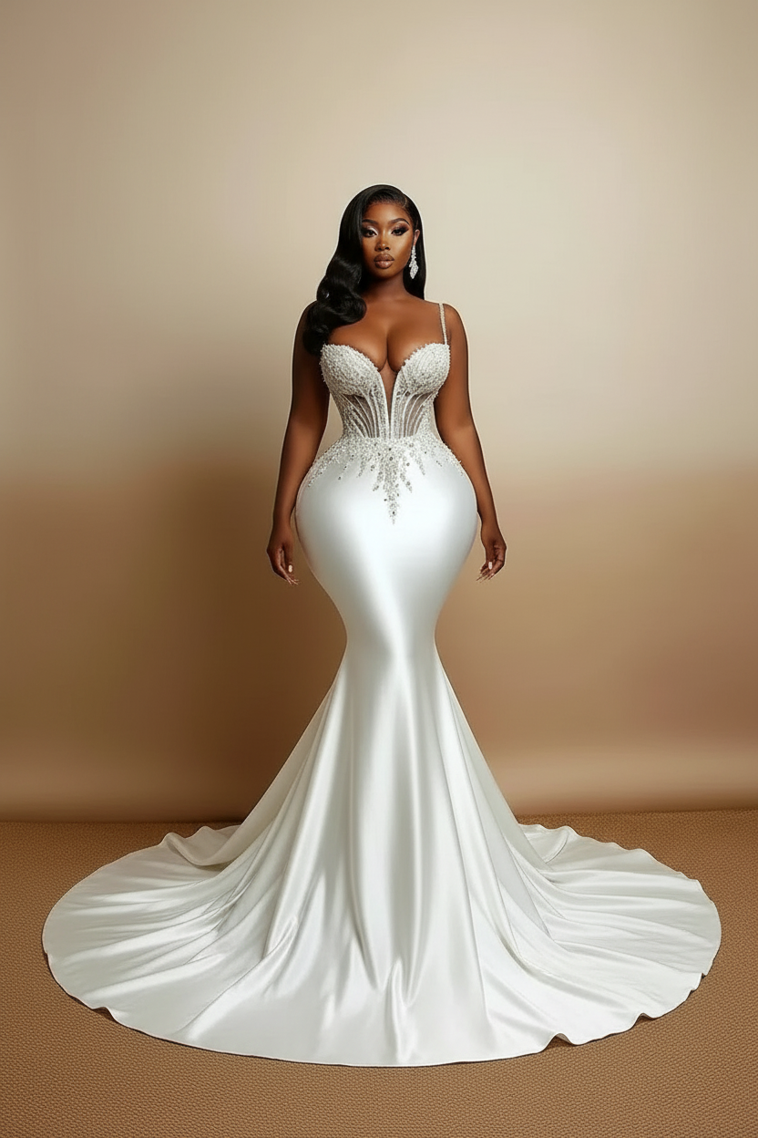 👑 QUEEN SATIN SPAGHETTI — ROBE MARIÉE SIRÈNE SATIN PERLÉE DENTELLE AFRICAINE