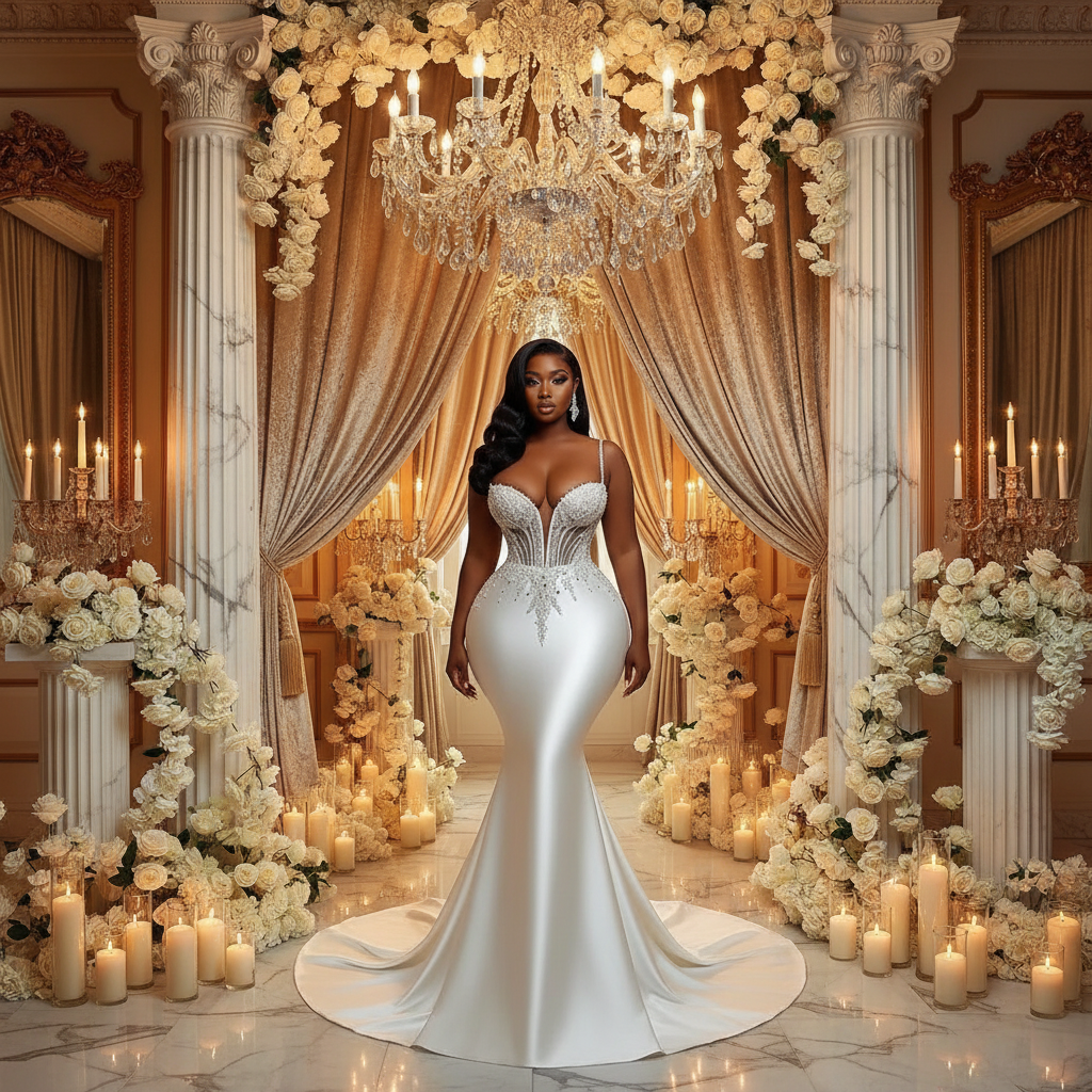 👑 QUEEN SATIN SPAGHETTI — ROBE MARIÉE SIRÈNE SATIN PERLÉE DENTELLE AFRICAINE