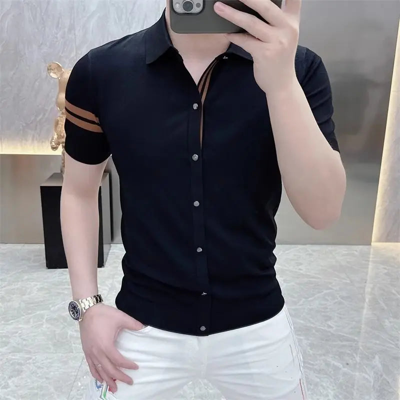 Licht Luxueus Heren T-shirt met Korte Mouwen, Slim Fit, Trendy Modieus, Persoonlijk, Hoge Kwaliteit, Casual Zakelijk Hemd