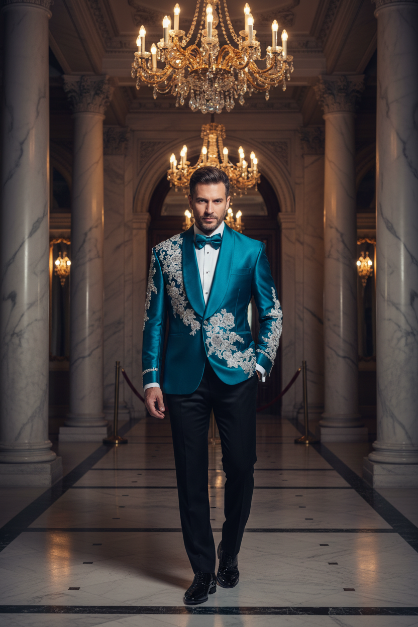 👑 KING CRYSTAL TUXEDO — COSTUME 2 PIÈCES COUTURE CRISTAUX & BRODERIES SUR MESURE