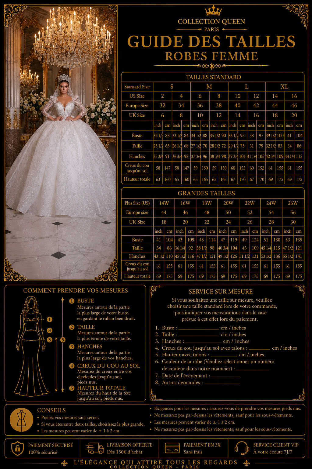 👑 QUEEN BRIDAL GOWN — ROBE DE MARIÉE DENTELLE APPLIQUÉE COL SWEETHEART MANCHES LONGUES A-LINE SUR MESURE