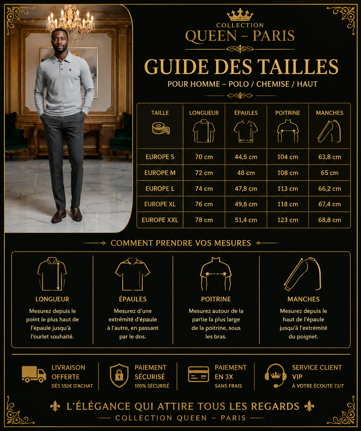 👑 KING POLO BRODÉ — POLO HOMME MANCHES LONGUES COUTURE PREMIUM