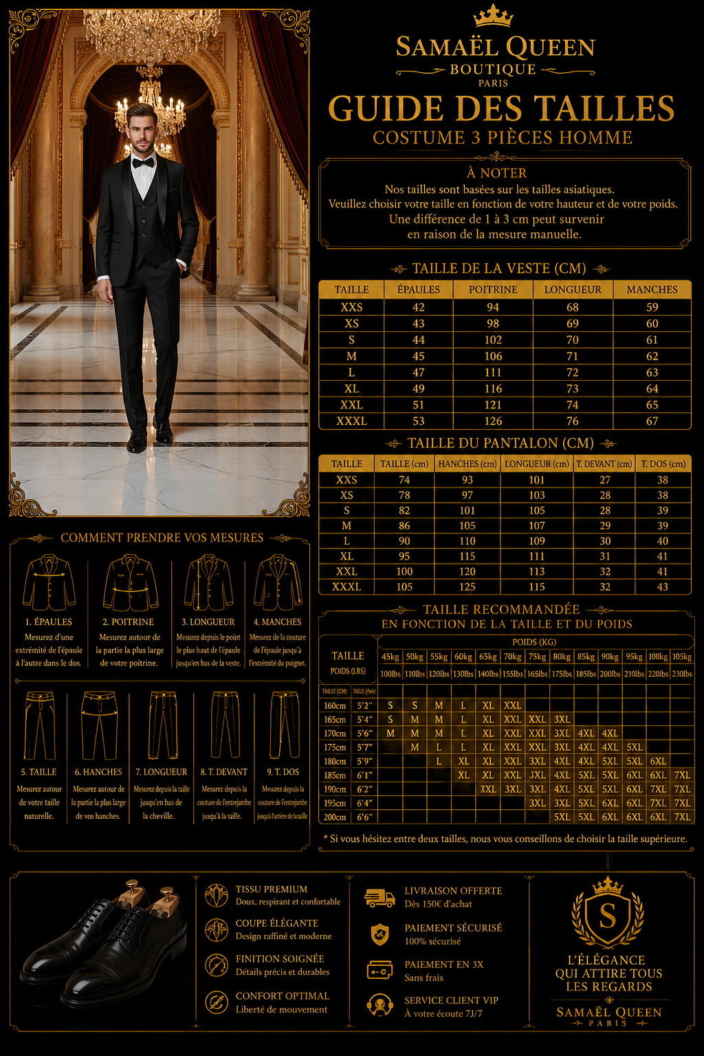 👑 KING TUXEDO SUIT — COSTUME 3 PIÈCES BLAZER, GILET & PANTALON CÉRÉMONIE