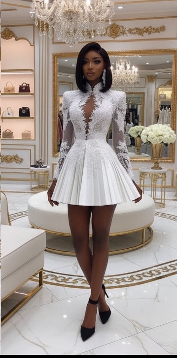 👑 QUEEN PEARL GALA — MINI ROBE PERLÉE APPLIQUÉS MANCHES LONGUES LIGNE A MULTI-NIVEAUX